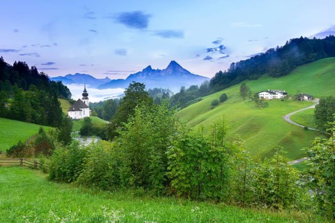 Maria Gern pilgrimage church, view of the Watzmann, in front of sunrise, Berchtesgarden Alps,