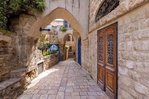 Israel, Tel Aviv Namal Yafo historic Old Jaffa port with art galleries, boutiques and old houses,