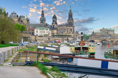 Historic center viewed from the Elbe with the Cathedral of the Holy Trinity and the Semperoper,