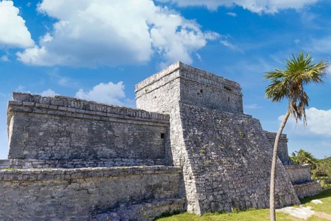 Temple of the God of Wind in Tulum Archaeological Zone with Mayan pyramids and ruins located on the