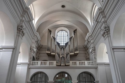 Organ loft in the parish church of St John, Hauk Abbey, built in 1691, Bahnhofstr. 4, Würzburg,