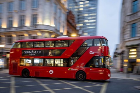 Red double-decker bus, wipe-clean image, Regent Street, evening mood, London, London region,