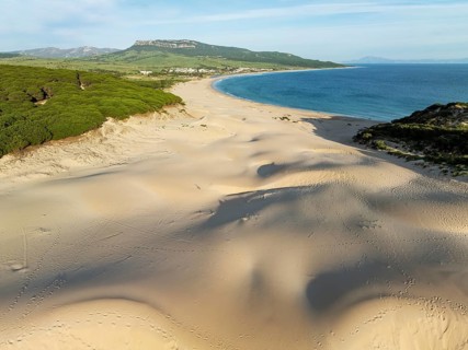 The famous dune of Bolonia at the sandy coastline of the Atlantic Ocean and framed by forests of