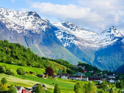 Mountains and Fiord over Norwegian Village, Olden, Innvikfjorden, Norway, Europe