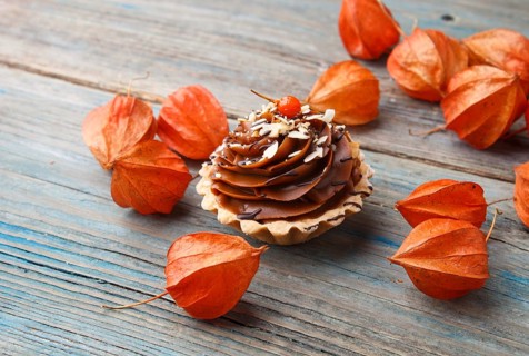 Sweet waffle, cake with cream and red physalis on a rustic blue wooden background