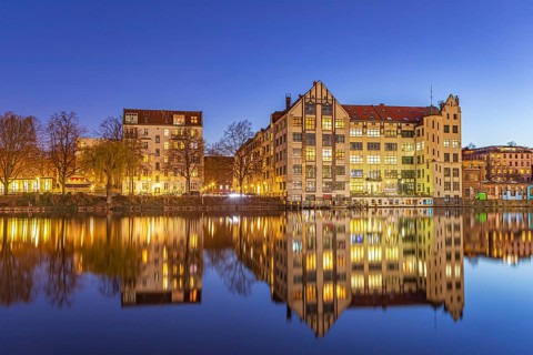 Spree riverbank near the Oberbaum Bridge in Berlin, Germany, Europe