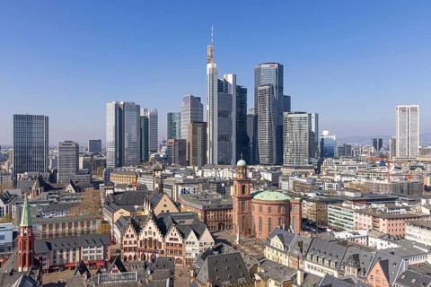 The view from St. Bartholomew's Cathedral takes in Frankfurt city centre and the banking skyline,