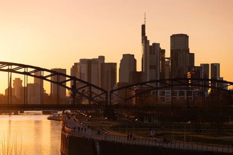Sunset behind the Frankfurt banking skyline, Osthafen, Frankfurt am Main, Hesse, Germany, Europe
