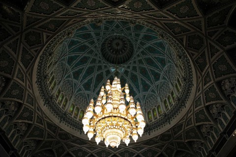 Ceiling light in the men's prayer room, interior view, in the Sultan Qabus Grand Mosque, Muscat,