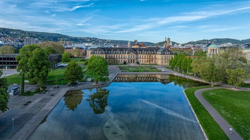 City view of Stuttgart. Aerial view. City centre with New Palace and Eckensee. Stuttgart,