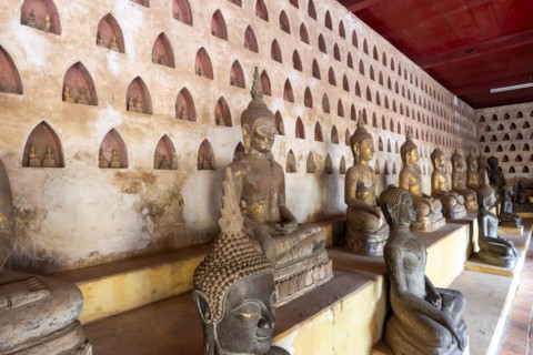 Ancient Buddha statues in the courtyard of Wat Si Saket, Vientiane, Vientiane province, Laos, Asia
