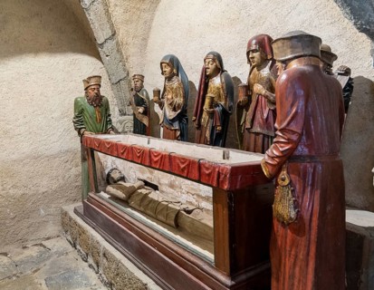 Life-size polychrome wooden entombment at Eglise Saint-Roch in Aubazat, Haute-Loire, Haut Allier,