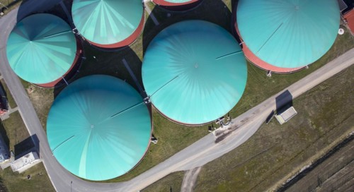 Aerial view of a biogas plant, energy production from biomass at an agricultural business,