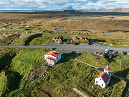 Mödrudalur farm and guesthouse northwest of Egilsstadir, aerial view of church, restaurant and