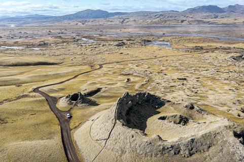 Craters of the Laki crater row, top down view, viewing platform, 4x4 car on road F206, Skafta river