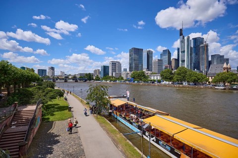 Riverside promenade on the Main with high-rise buildings and Untermainbrücke bridge in Frankfurt am