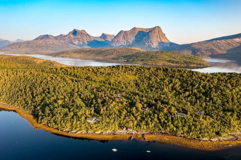 Aerial view over the fjord Efjord south of Narvik, seen at sunset, leisure boats anchor, holiday