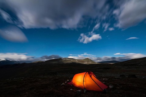 Tent in mountain landscape, Sarek National Park, World Heritage Laponia, Norrbotten, Lapland,
