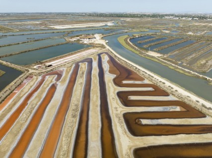 Saline ponds at the salt works near Chiclana de la Frontera. The orange-red colour depends on the
