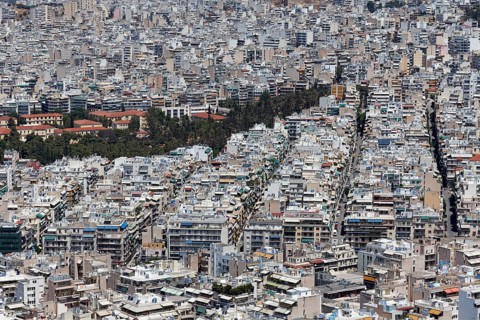 View of the city centre from Lycabettus Hill, Lykavittos, sea of houses with little greenery,
