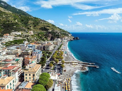 Maiori from a drone, Amalfi Coast, Salerno, Campania, Italy, Europe