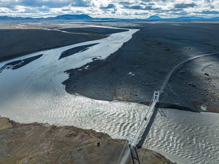 Bridge over river Jökuls a Fjöllum, ringroad no. 1, Mt. Herdubreid in the back, aerial view,
