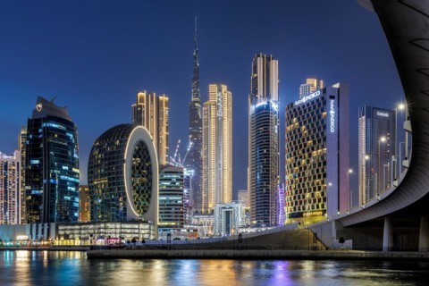 View of Dubai Burj Khalifa skyline tallest building in the world downtown at night in Dubai, United