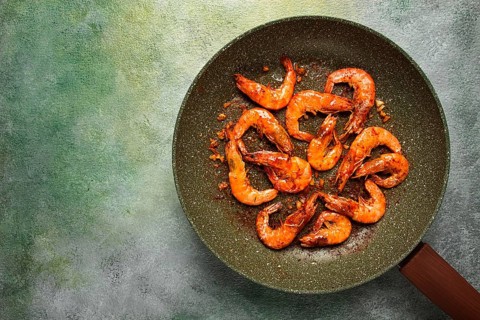 Fried tiger prawns, with spices, homemade, top view