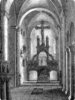 Interior of the monastery and parish church, Romanesque basilica of the Holy Cross, altar, round