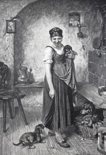 Offspring in the dog family, woman with dog basket and puppies in the kitchen, around 1880,