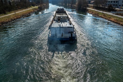 Cargo ship on the Main-Danube Canal, Möhrendorf, Bavaria, Germany, Europe