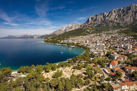 Makarska and the Biokovo Mountains seen from the air, Croatia, Europe