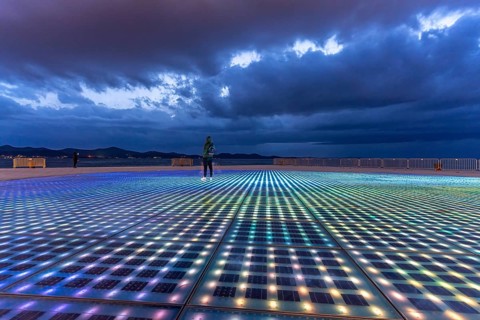 Artwork and solar installation Greeting to the sun at dusk, Zadar, Croatia, Europe