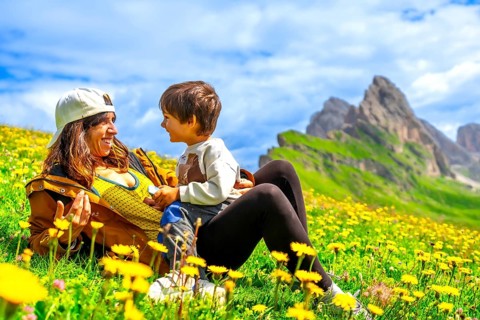Tourists relaxing in a dandelion field, enjoying the view of the seceda mountains in the italian