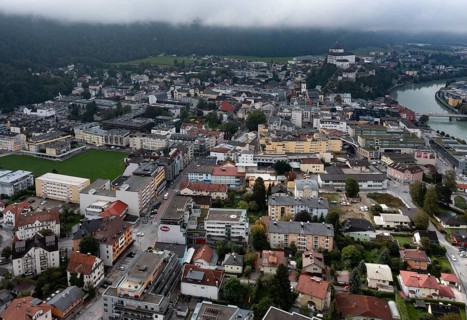 Drone image, residential buildings, city view, Kufstein, Tyrol, Austria, Europe