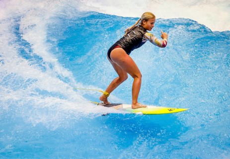 Messe boot Düsseldorf, Surfer riding a standing indoor wave on the occasion of a press event,
