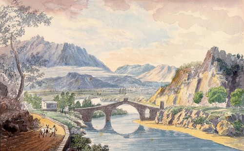 Bridge in Martorelle, Catalonia, Spain, digital reproduction of a painting by Charles Hamilton