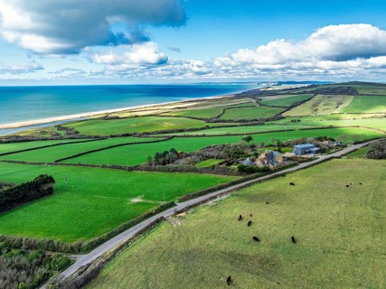 Farms over Swyre and West Bexington from a drone, West Bexington Nature Reserve, S W Coast Path,