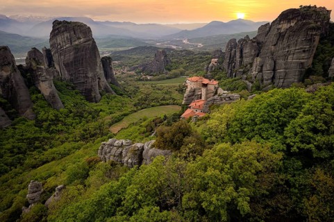 Sunset over the Monastery of Rousanou and the Monastery of St Nicholas Anapavsa, Anapavsas, Metéora