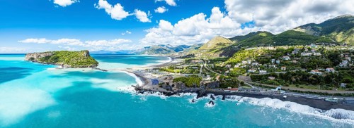 Panorama of Praia a Mare from a drone, Tyrrhenian Sea, Cosenza, Calabria, Italy, Europe