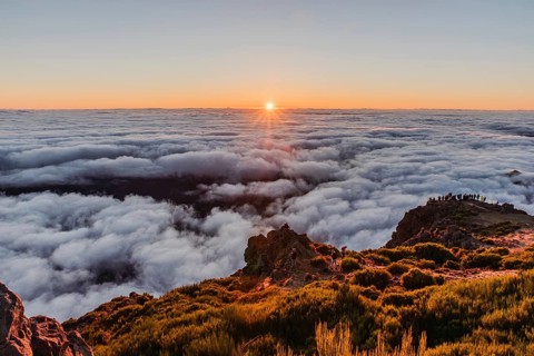 View over a sea of clouds at sunrise from a mountain peak with a calm and charming atmosphere, Pico