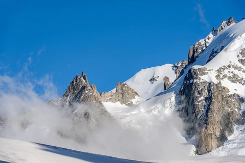 High alpine mountain landscape, summit of Aiguille de Chardonnet and Glacier du Tour, detail of the