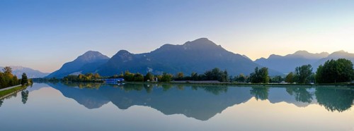 Inn at sunset, with mountains, Brannenburg, Inntal, Upper Bavaria, Bavaria, Germany, Europe