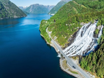 Waterfall Furebergsfossen at the Hardangerfjord, near Aenes, aerial view, Hardanger, Norway, Europe
