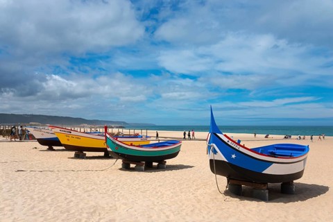 A row of colourful fishing boats on the sandy beach, some people walking along the shore, Praia da
