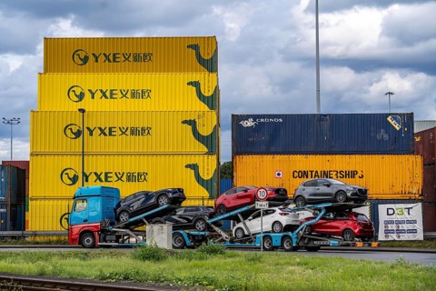 Container of the Chinese goods train operator YXE from Yiwu, China, part of the Silk Road route