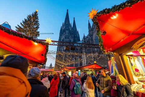 Christmas market on Roncallli Square, right next to Cologne Cathedral, in the historic centre of
