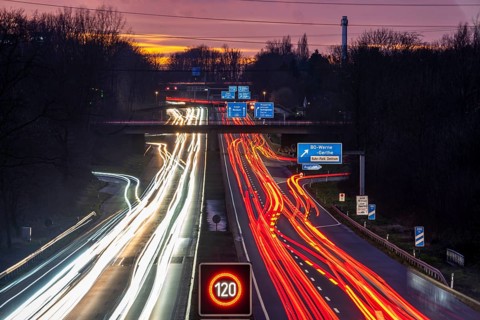 Motorway A40, Ruhrschnellweg, near Bochum, dense evening traffic, in front of the motorway junction