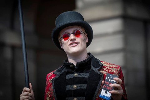 Performer promoting vampire musical, world's largest cultural festival The Fringe, High Street,
