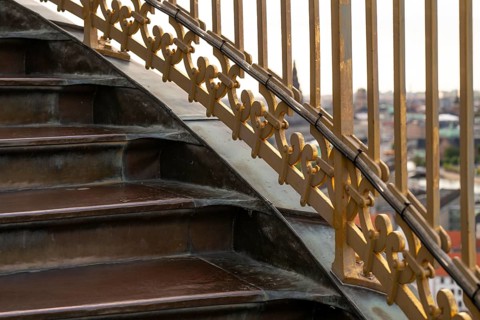 Staircase and safety gate on the tower of the Evangelical Lutheran Church of the Saviour, in front
